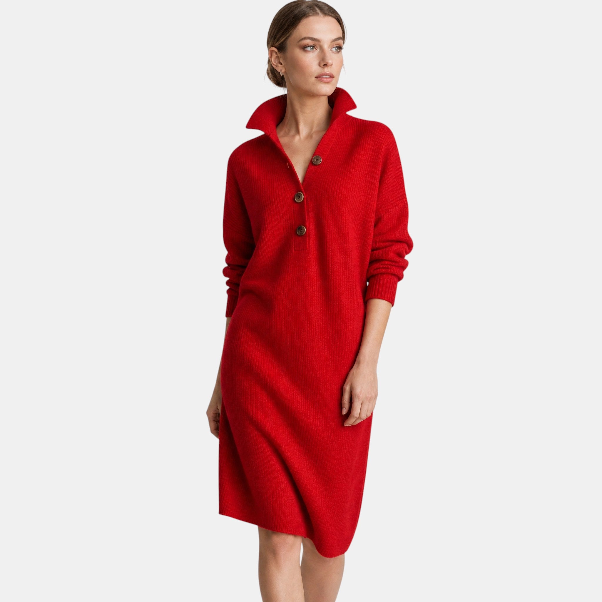 Women's Midi Dress with High Neck Button Placket and Long Sleeves