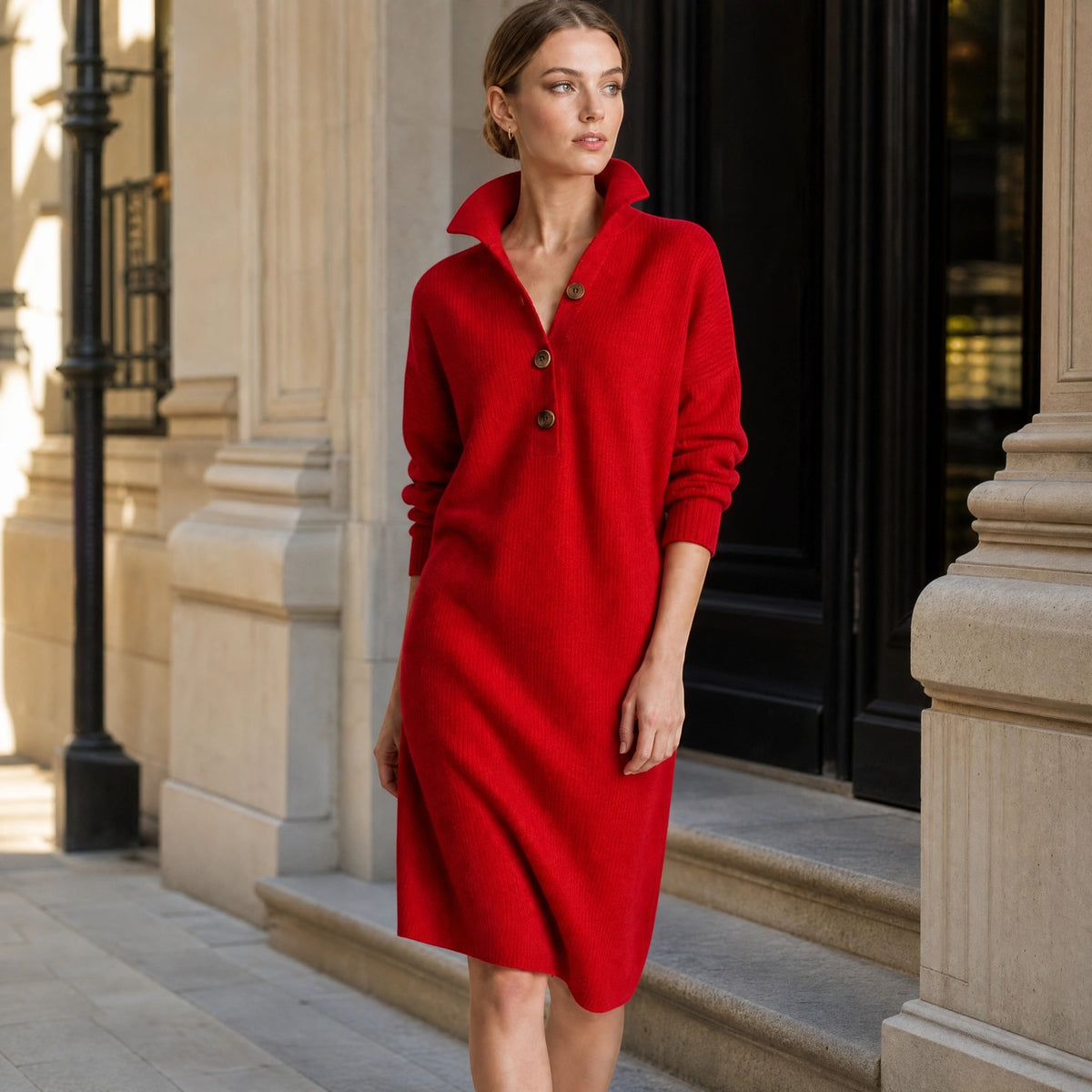 Women's Midi Dress with High Neck Button Placket and Long Sleeves