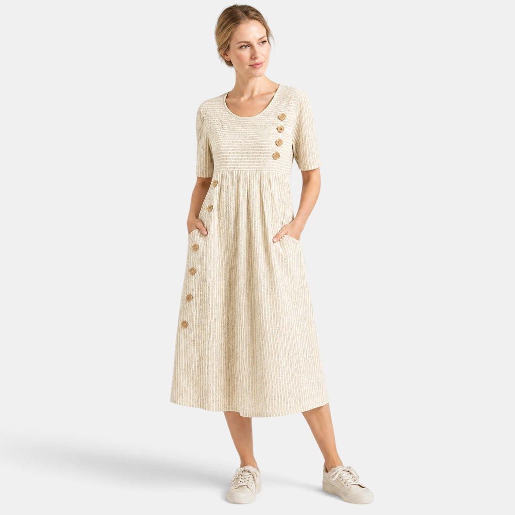Women's Midi Dress with Short Sleeves and Button Detail