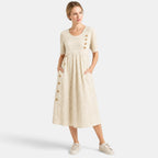Women's Midi Dress with Short Sleeves and Button Detail
