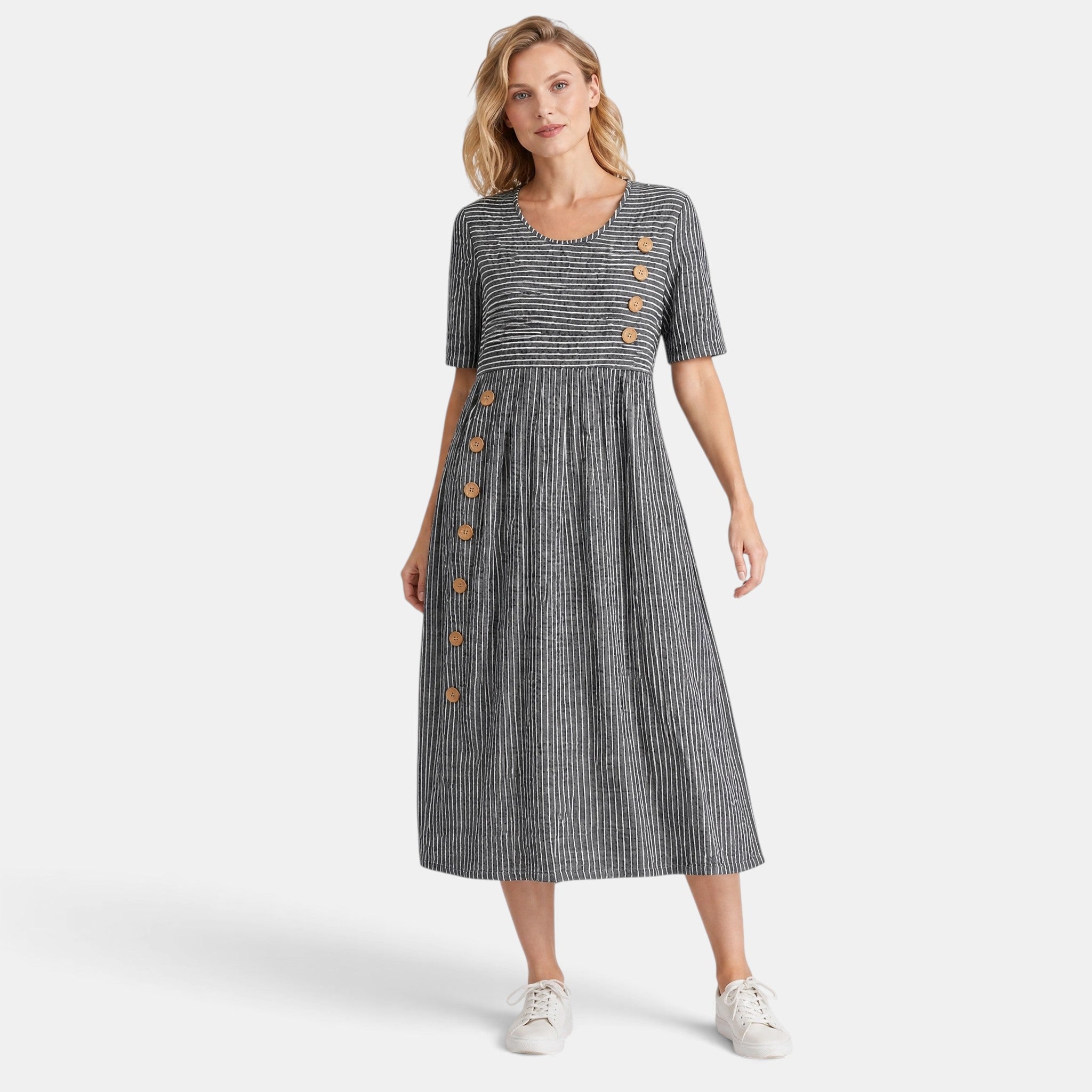 Women's Midi Dress with Short Sleeves and Button Detail