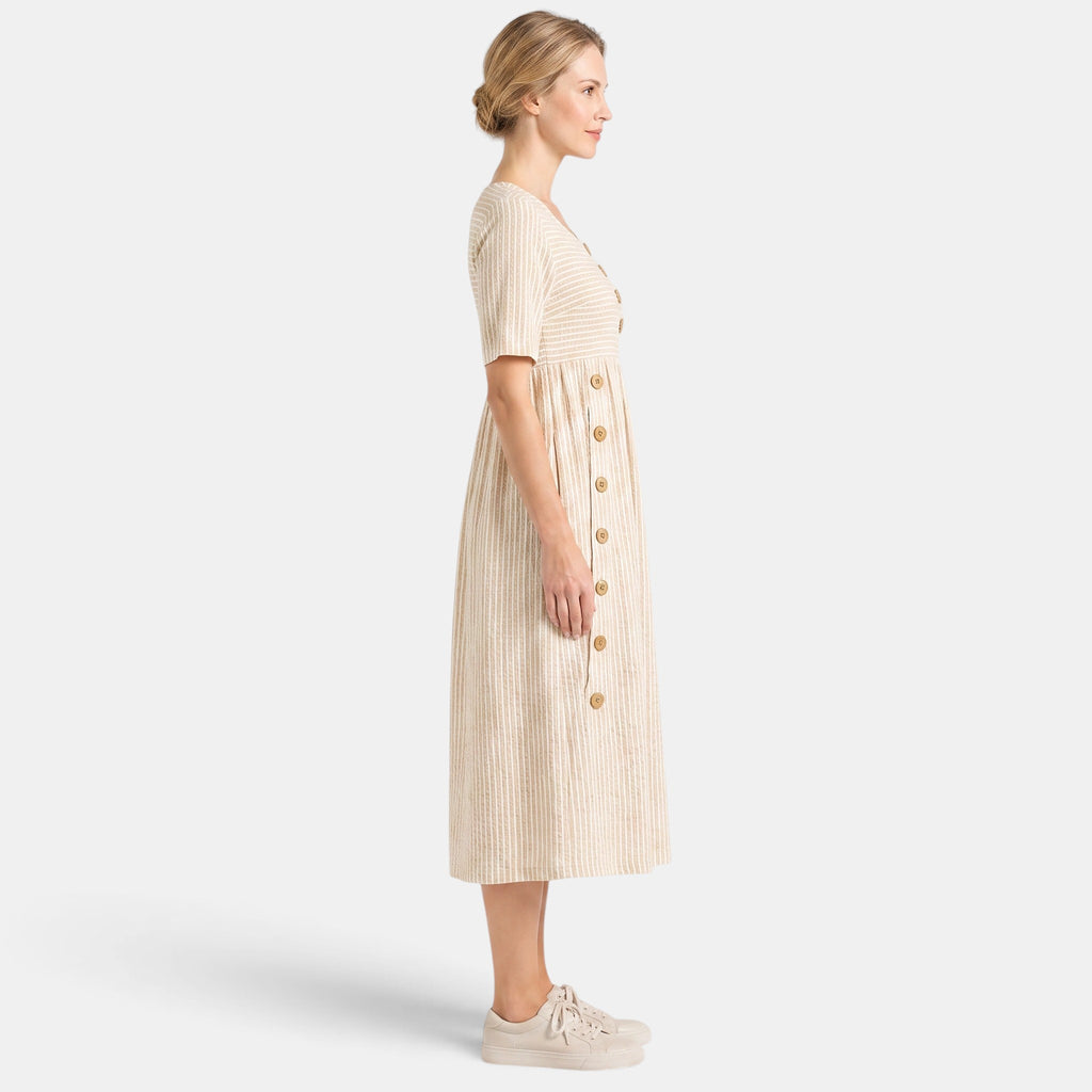 Women's Midi Dress with Short Sleeves and Button Detail