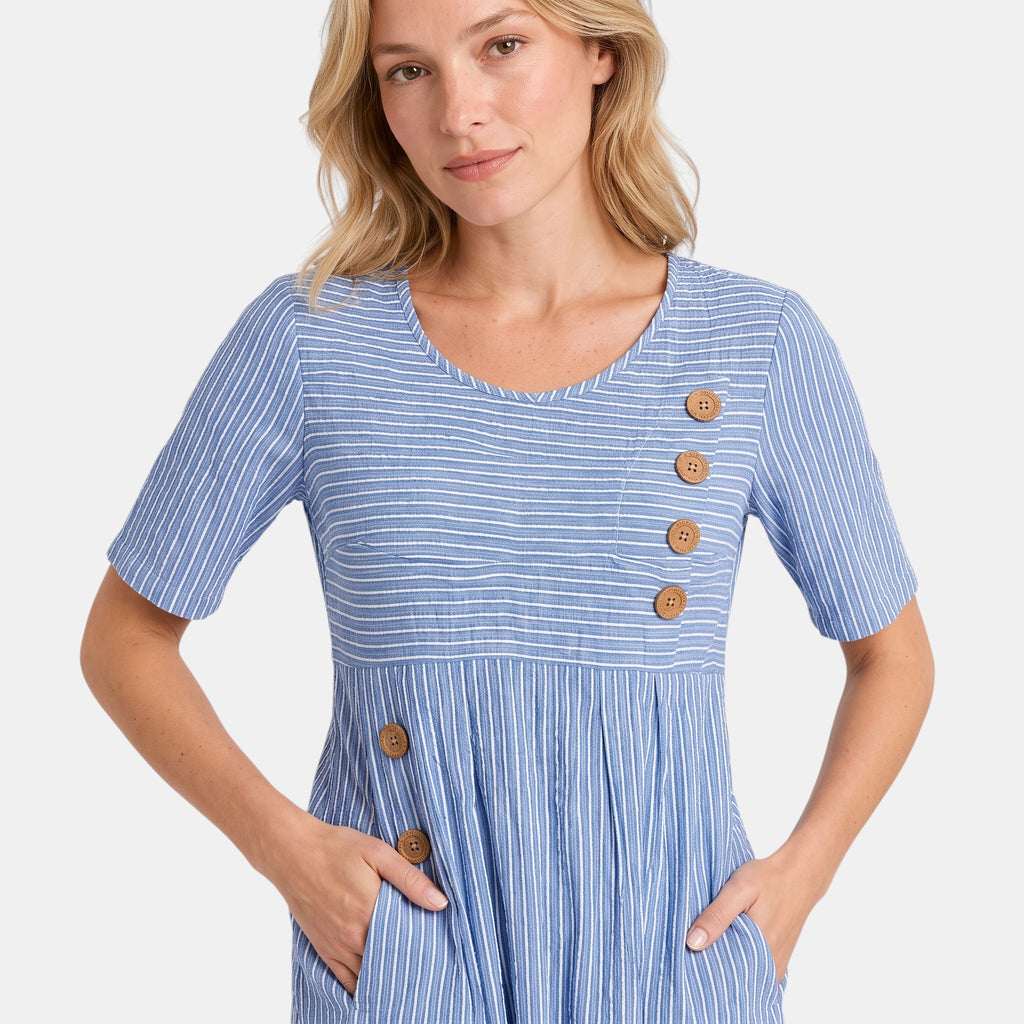 Women's Midi Dress with Short Sleeves and Button Detail