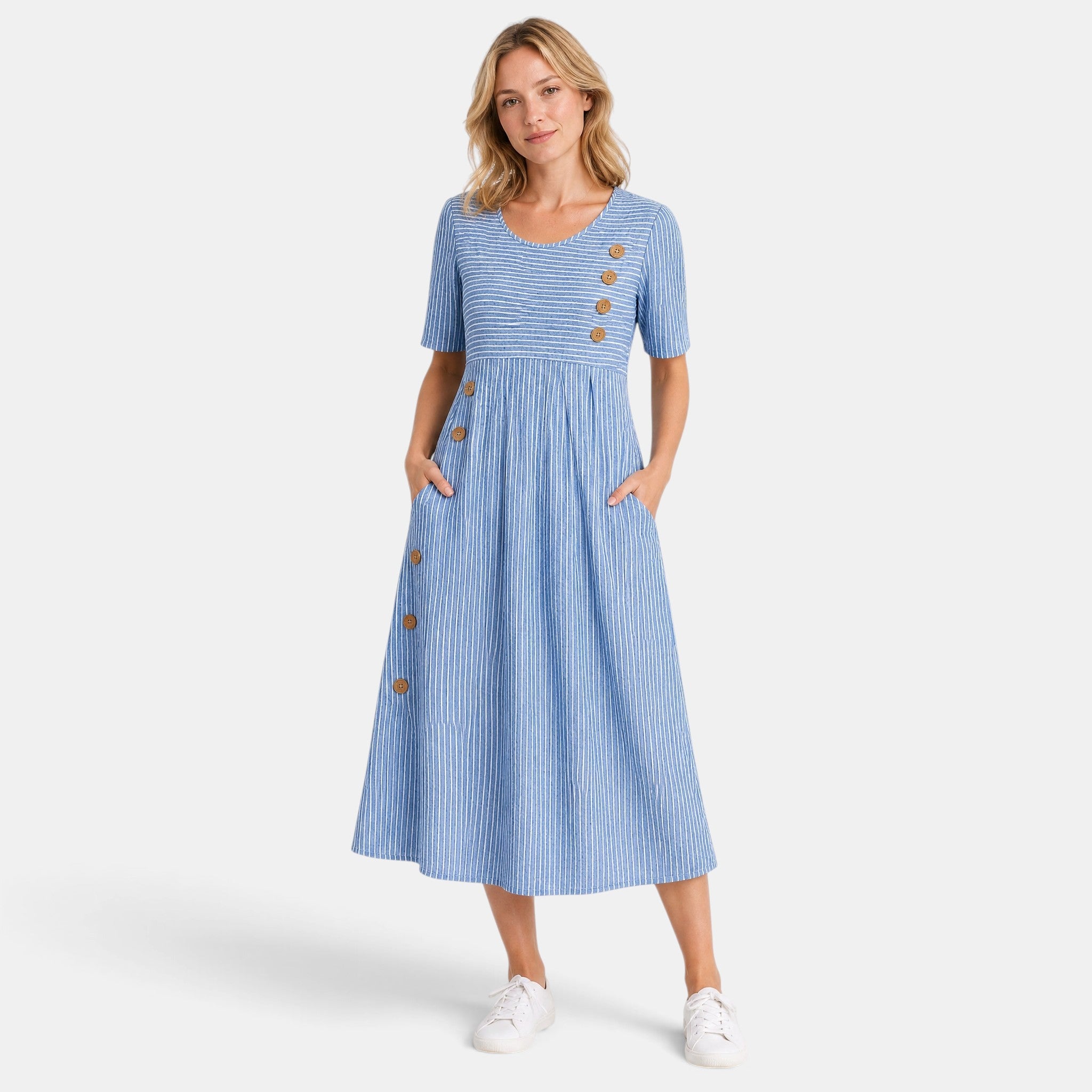 Women's Midi Dress with Short Sleeves and Button Detail