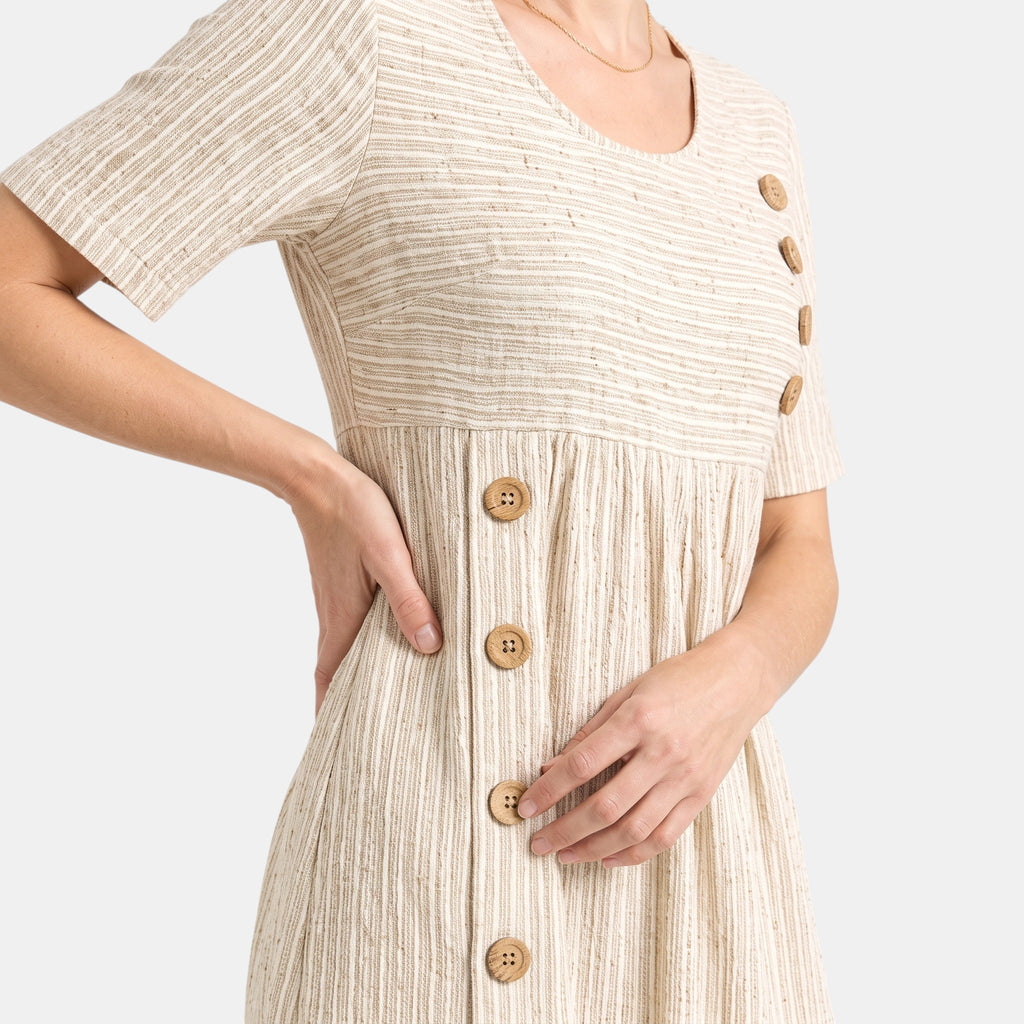Women's Midi Dress with Short Sleeves and Button Detail