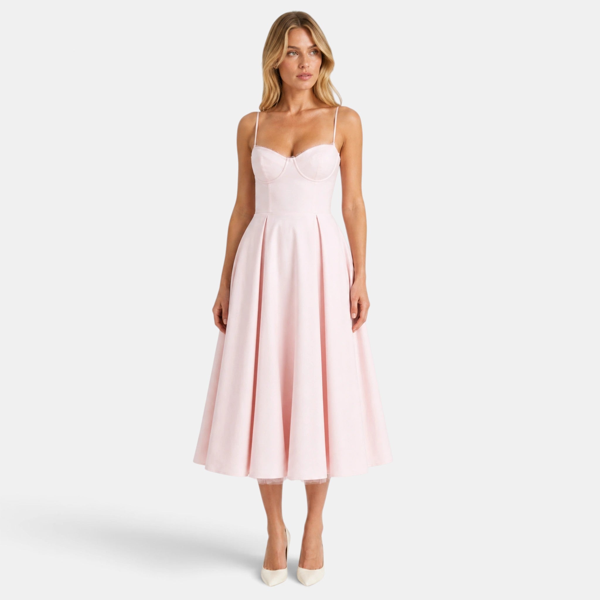 Women's Midi Dress with Spaghetti Straps and Pleated Skirt