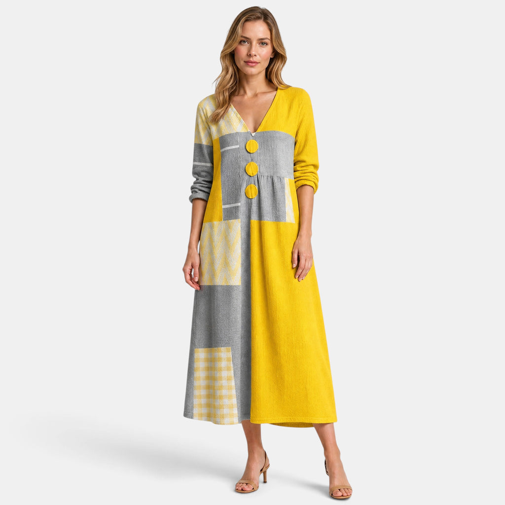 Women's Midi Dress with V Neck, Long Sleeves and Button Detail