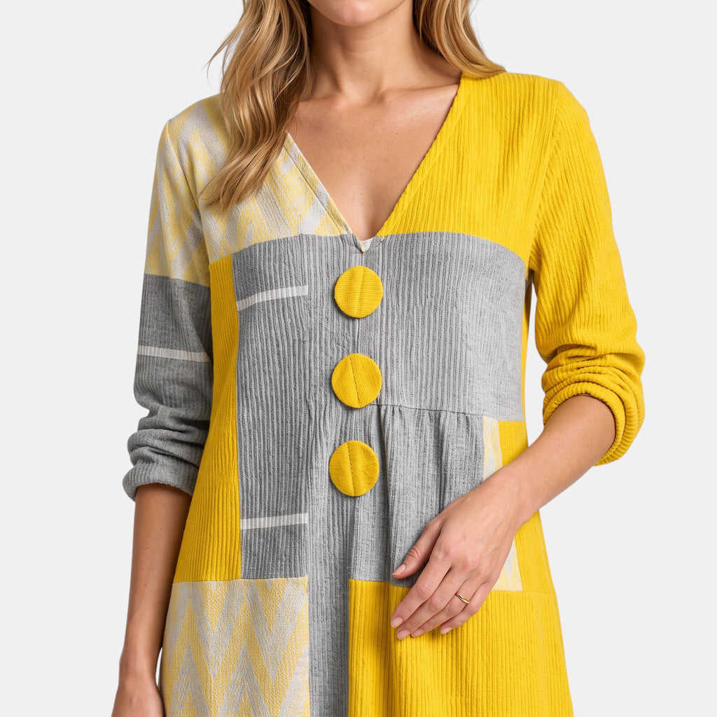 Women's Midi Dress with V Neck, Long Sleeves and Button Detail