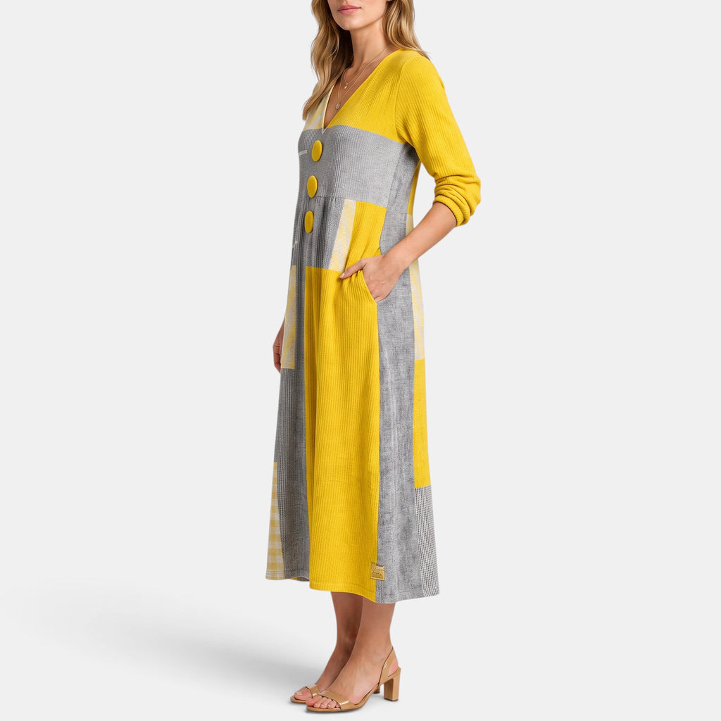 Women's Midi Dress with V Neck, Long Sleeves and Button Detail