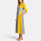 Women's Midi Dress with V Neck, Long Sleeves and Button Detail