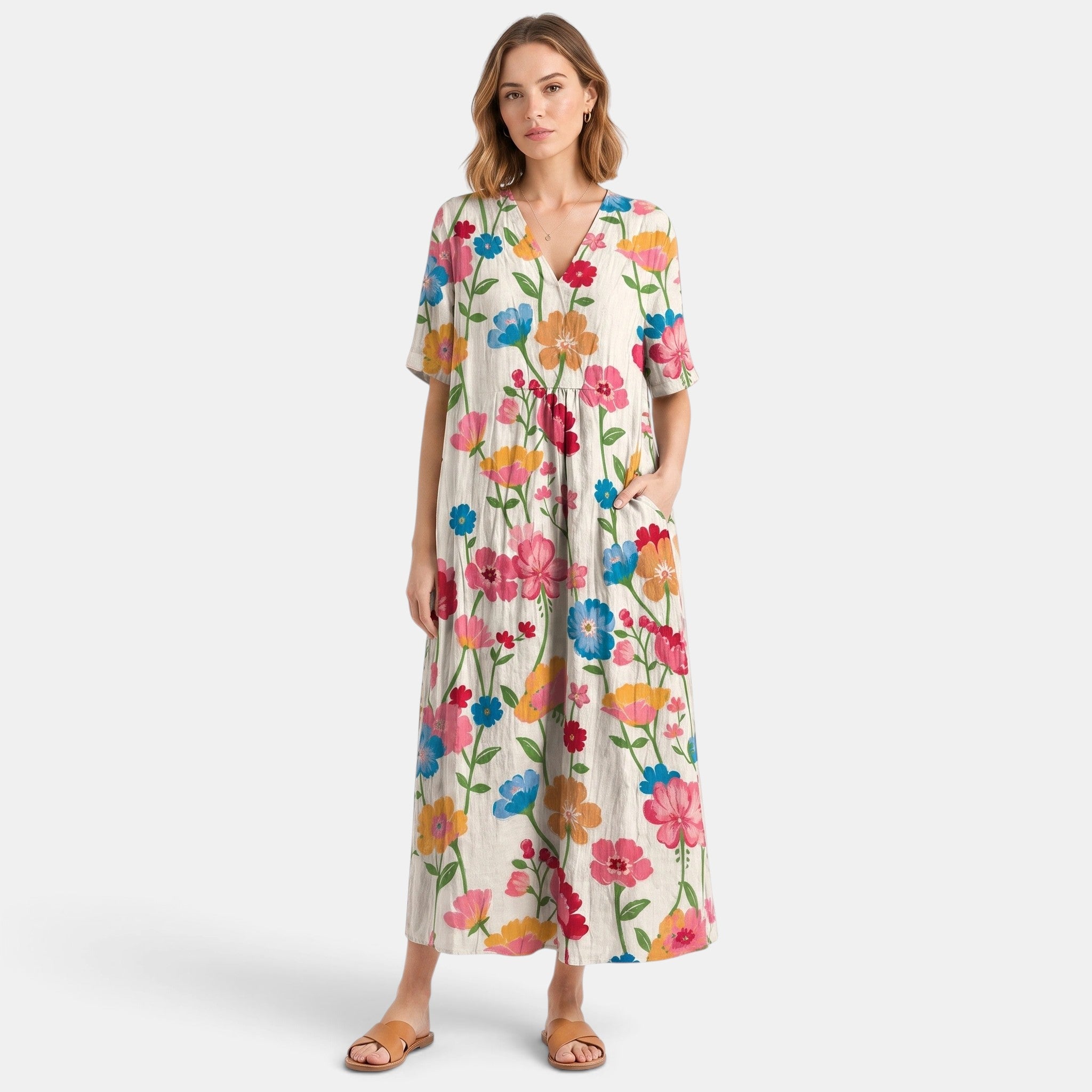 Women's Midi Dress with V Neck, Short Sleeves and Pockets