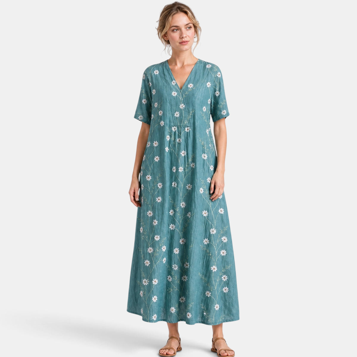 Women's Midi Dress with V Neck, Short Sleeves and Pockets