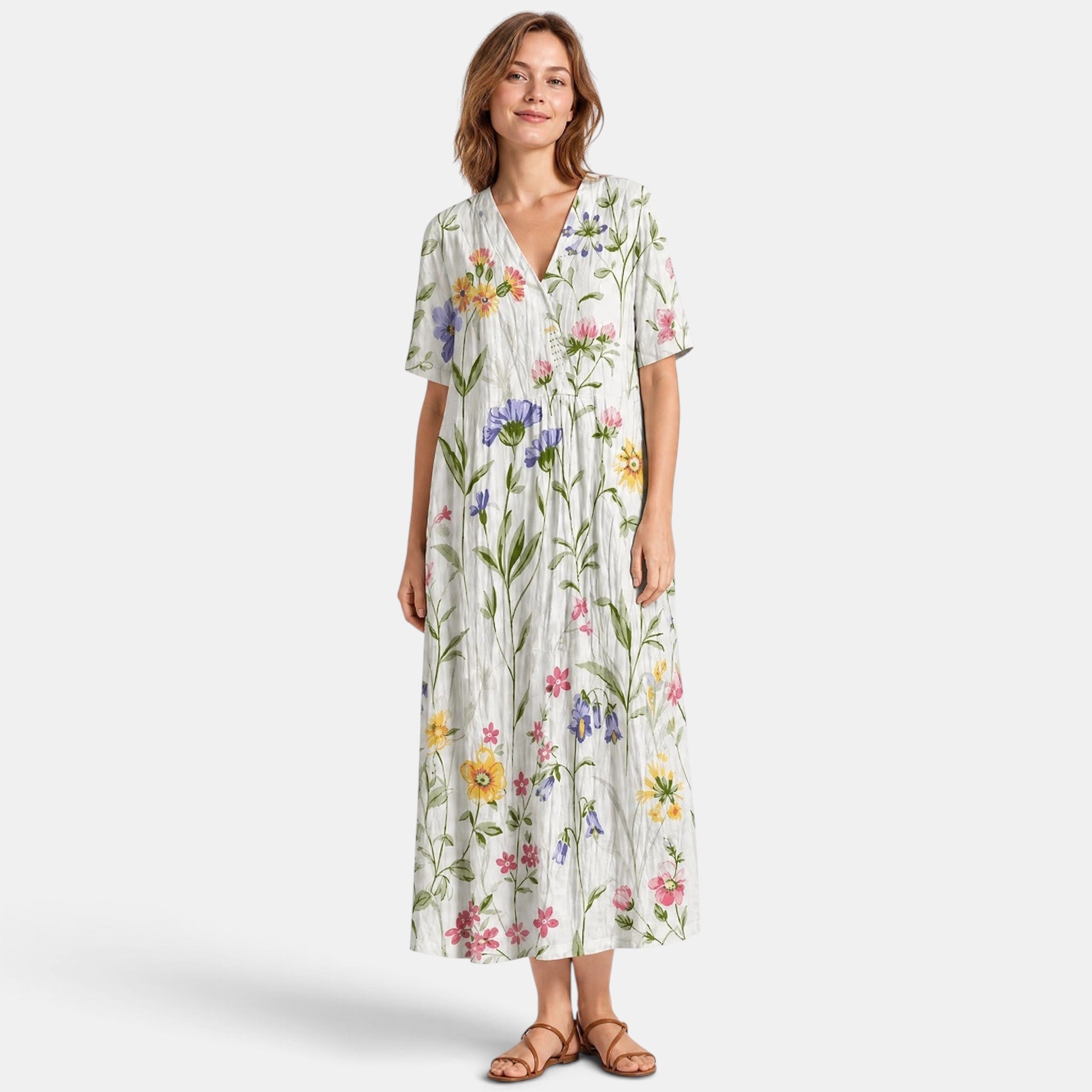 Women's Midi Dress with V Neck, Short Sleeves and Pockets