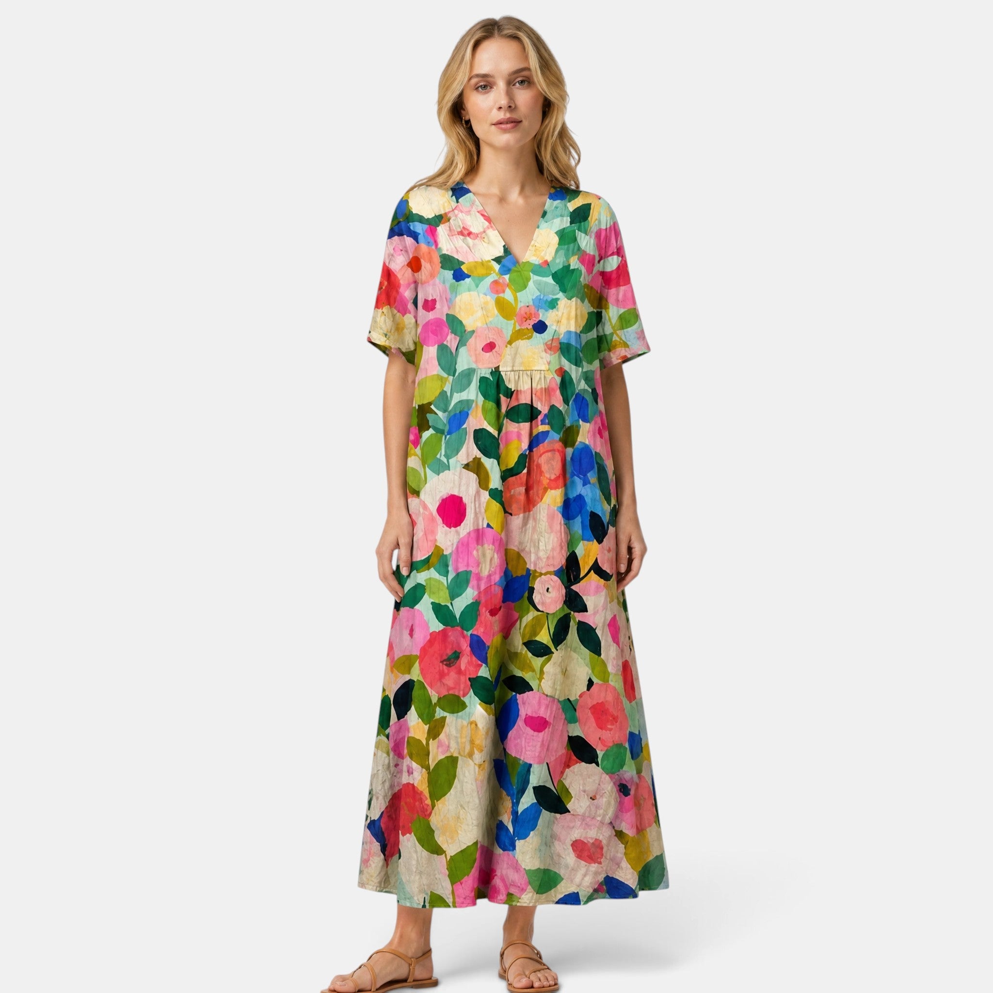 Women's Midi Dress with V Neck, Short Sleeves and Pockets