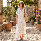 Women's Midi Dress with V Neck, Short Sleeves and Pockets
