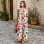 Women's Midi Dress with V Neck, Short Sleeves and Pockets