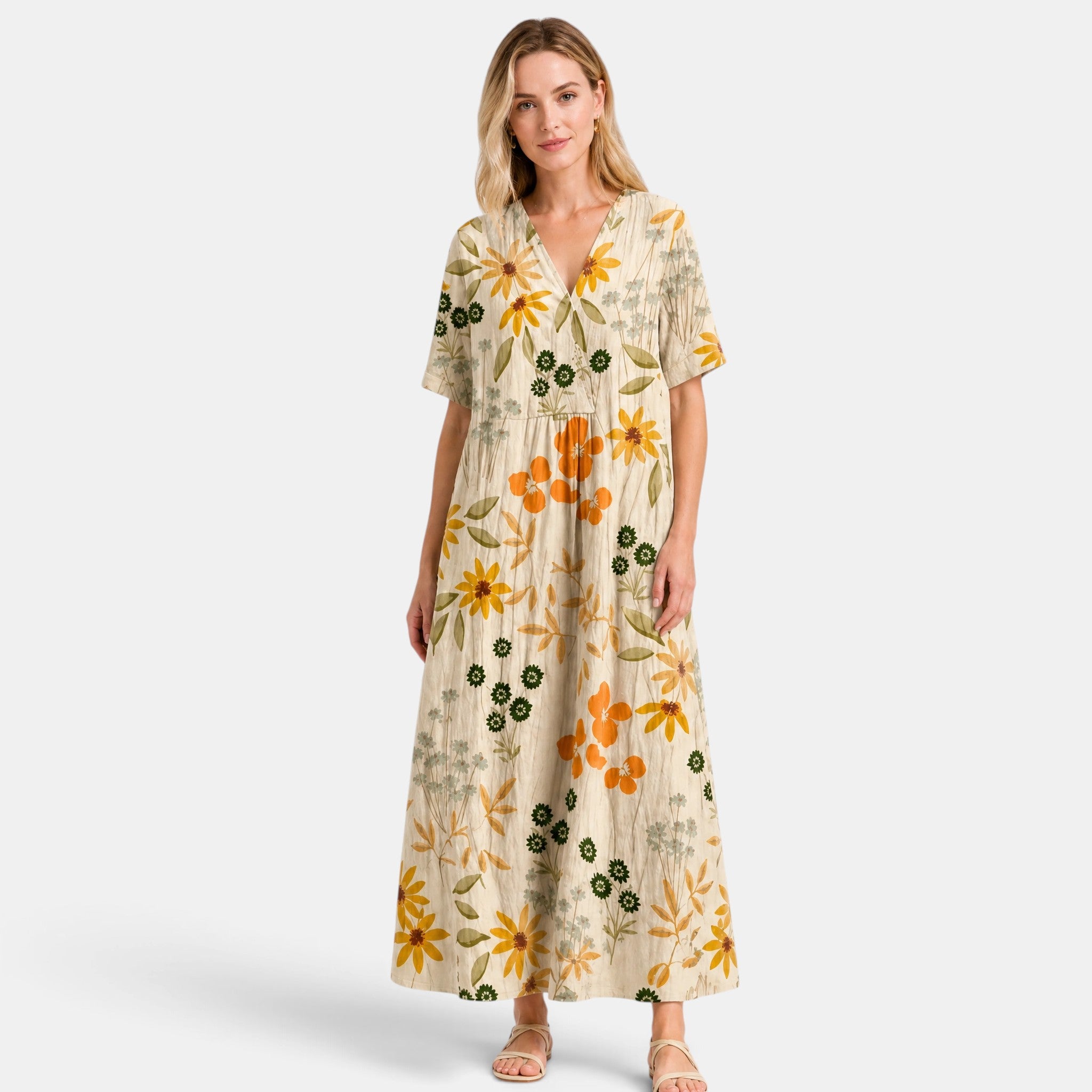 Women's Midi Dress with V Neck, Short Sleeves and Pockets