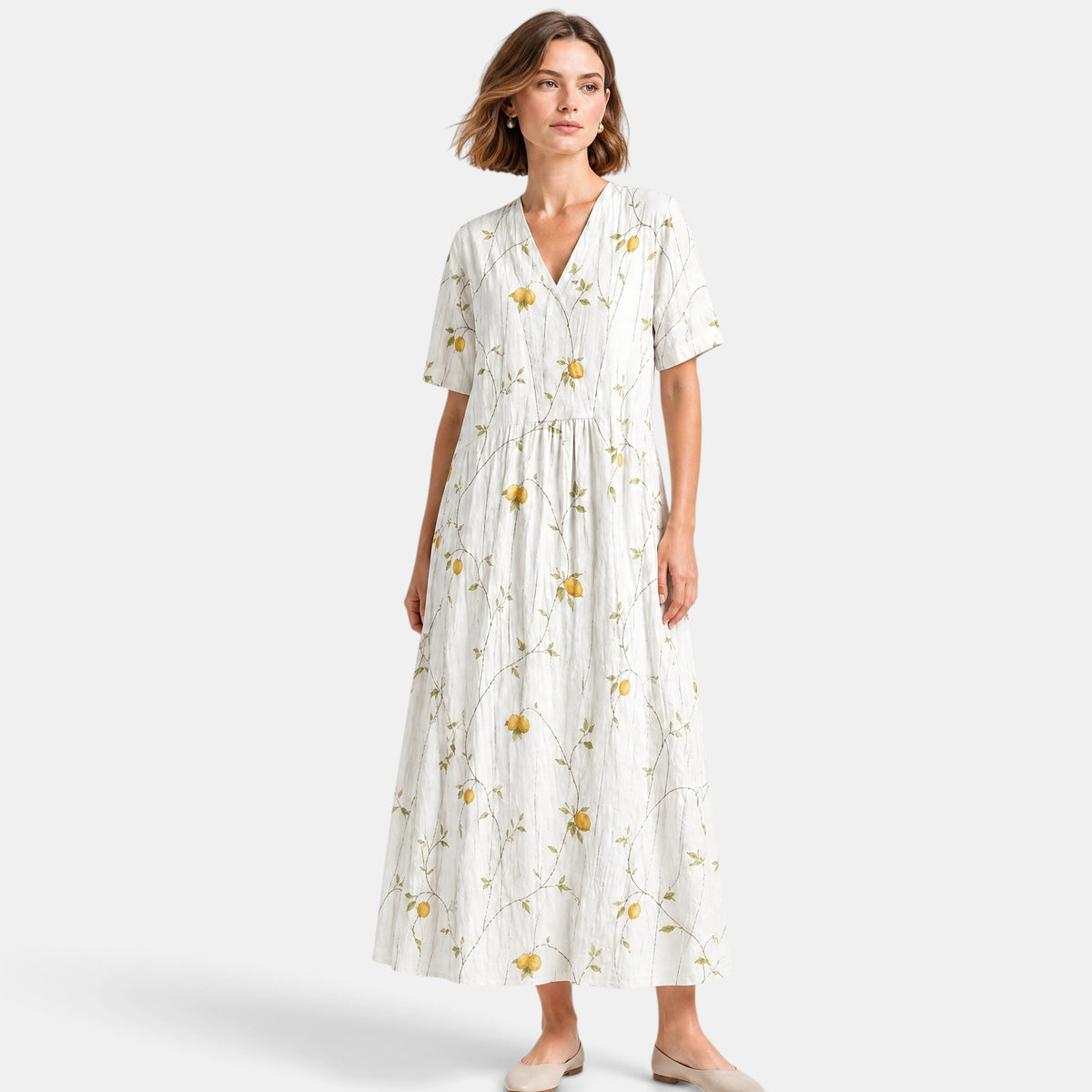 Women's Midi Dress with V Neck, Short Sleeves and Pockets