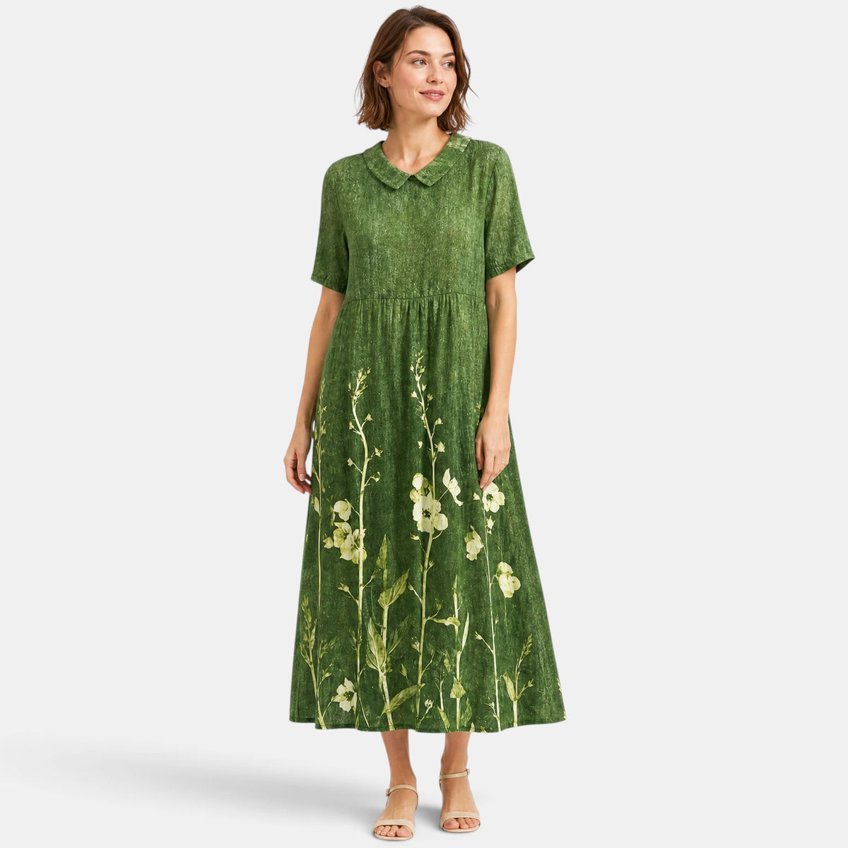 Women's Midi Dress with V Neck, Short Sleeves and Pockets