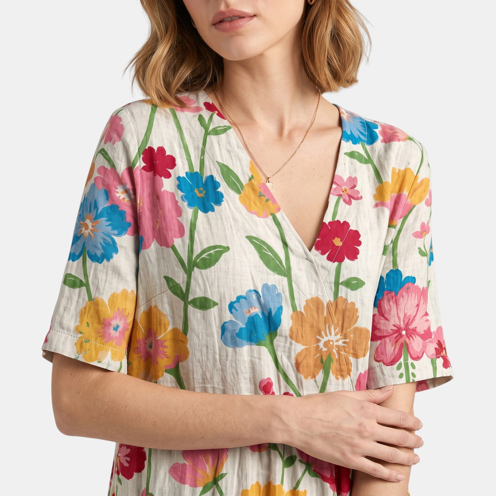 Women's Midi Dress with V Neck, Short Sleeves and Pockets