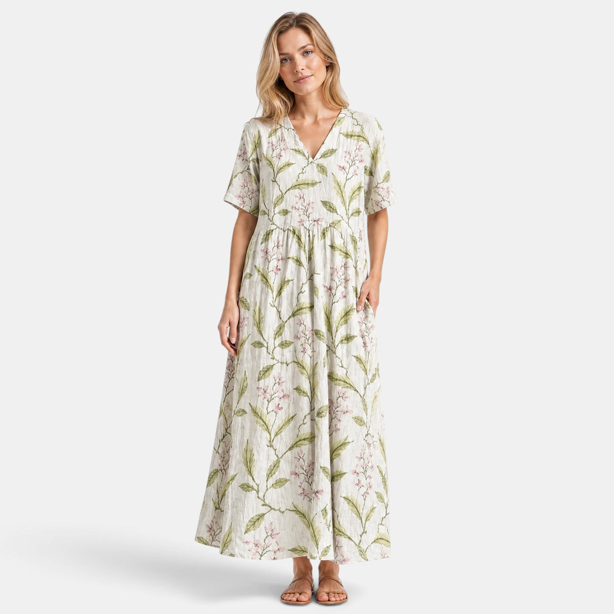 Women's Midi Dress with V Neck, Short Sleeves and Pockets
