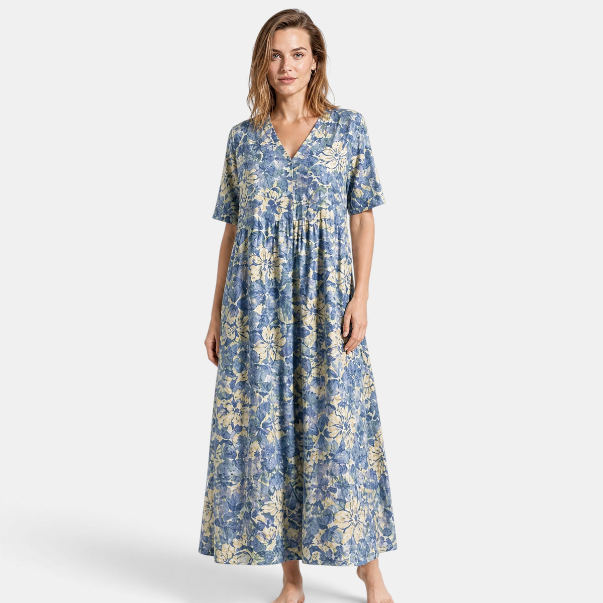 Women's Midi Dress with V Neck, Short Sleeves and Pockets