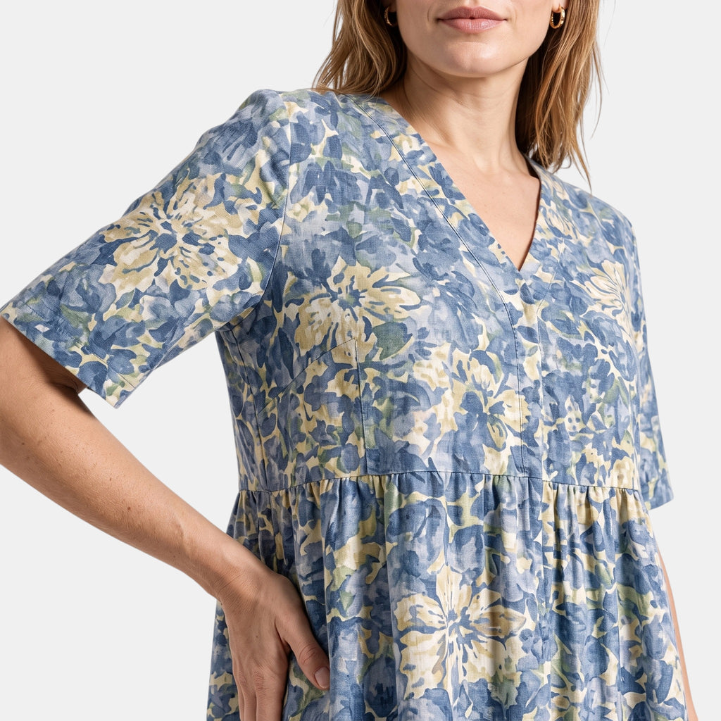 Women's Midi Dress with V Neck, Short Sleeves and Pockets