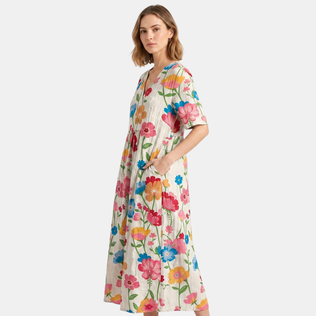 Women's Midi Dress with V Neck, Short Sleeves and Pockets