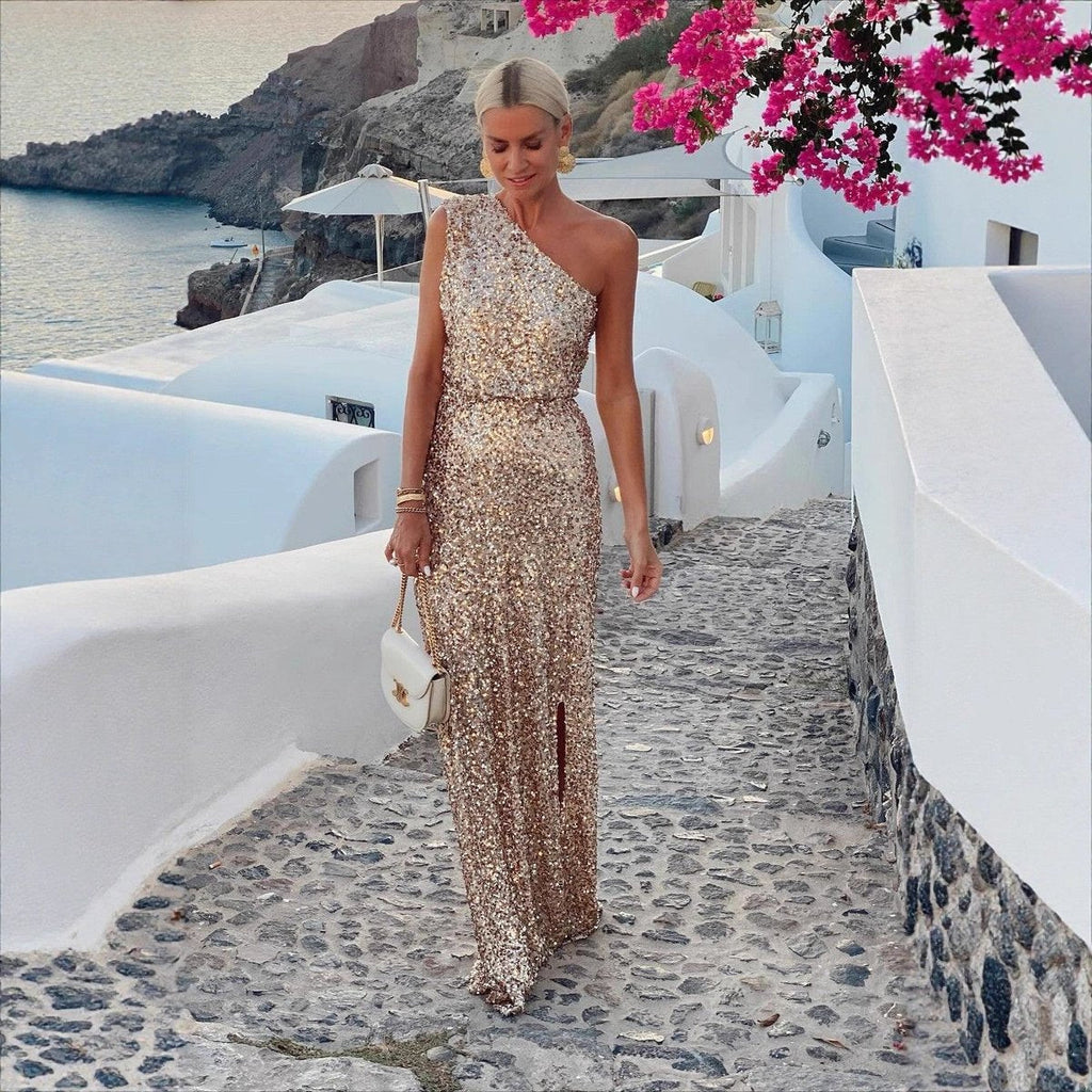 Women's One-Shoulder Sequin Maxi Dress with Side Slit for Formal Events