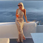 Women's One-Shoulder Sequin Maxi Dress with Side Slit for Formal Events