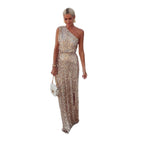Women's One-Shoulder Sequin Maxi Dress with Side Slit for Formal Events
