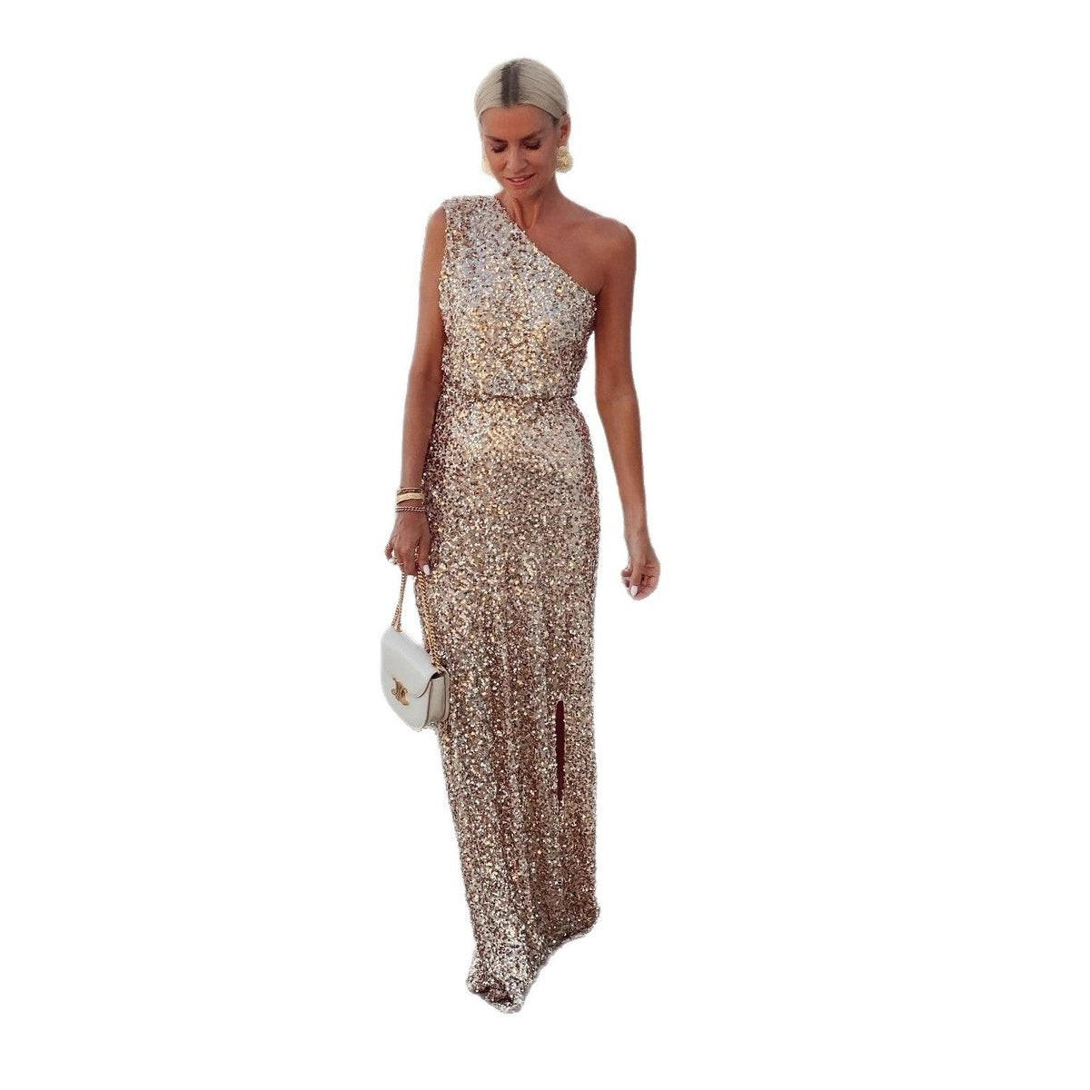 Women's One-Shoulder Sequin Maxi Dress with Side Slit for Formal Events