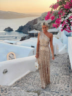 Women's One-Shoulder Sequin Maxi Dress with Side Slit for Formal Events