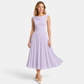 Women's Pleated Midi Dress with Draped Neckline and Sleeveless Design