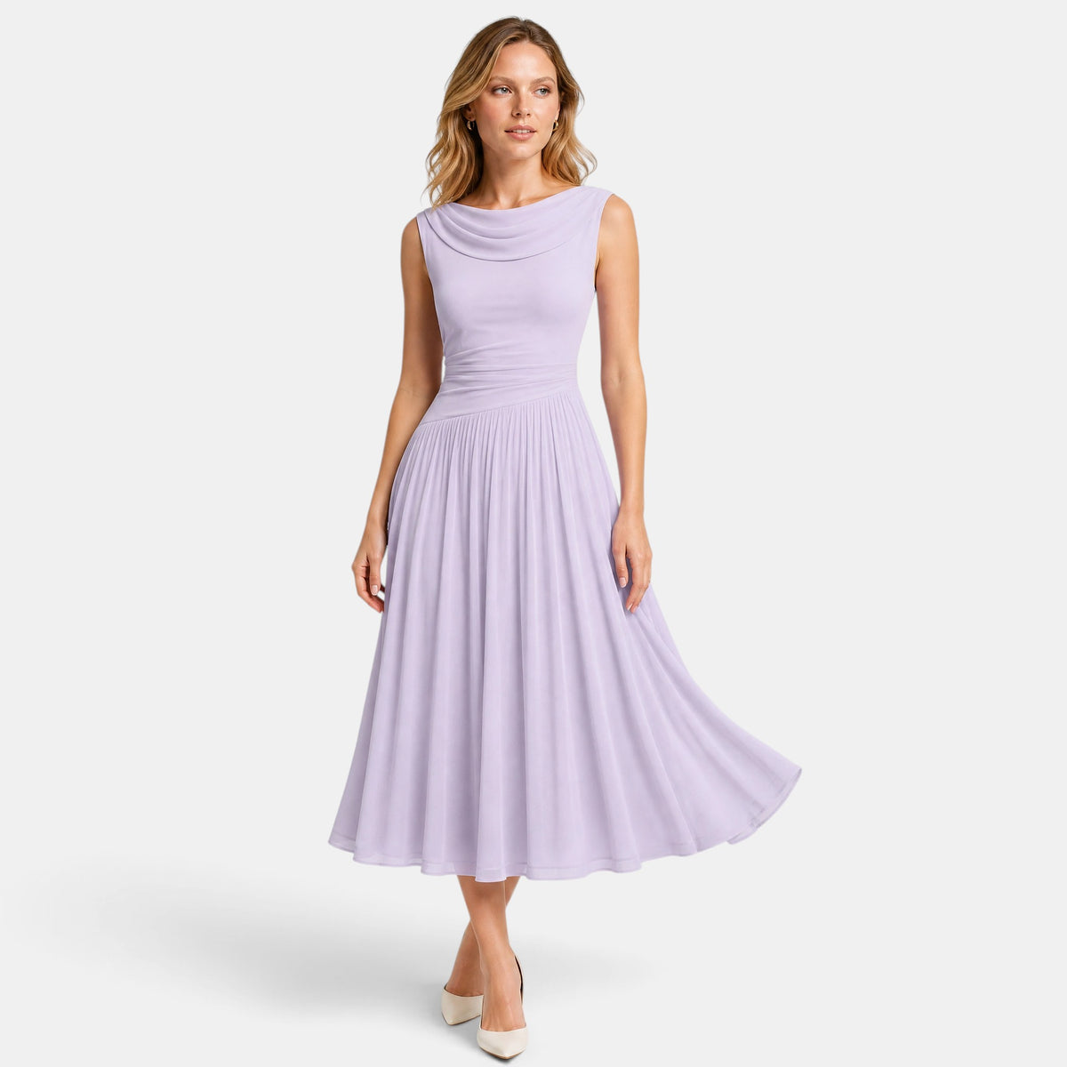 Women's Pleated Midi Dress with Draped Neckline and Sleeveless Design