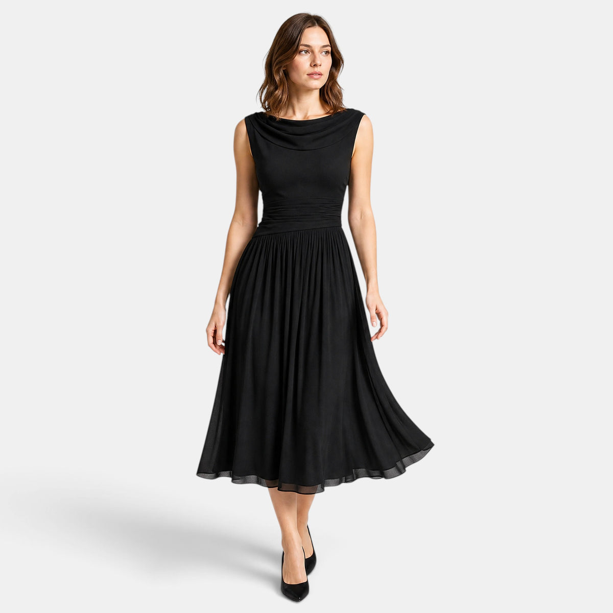 Women's Pleated Midi Dress with Draped Neckline and Sleeveless Design