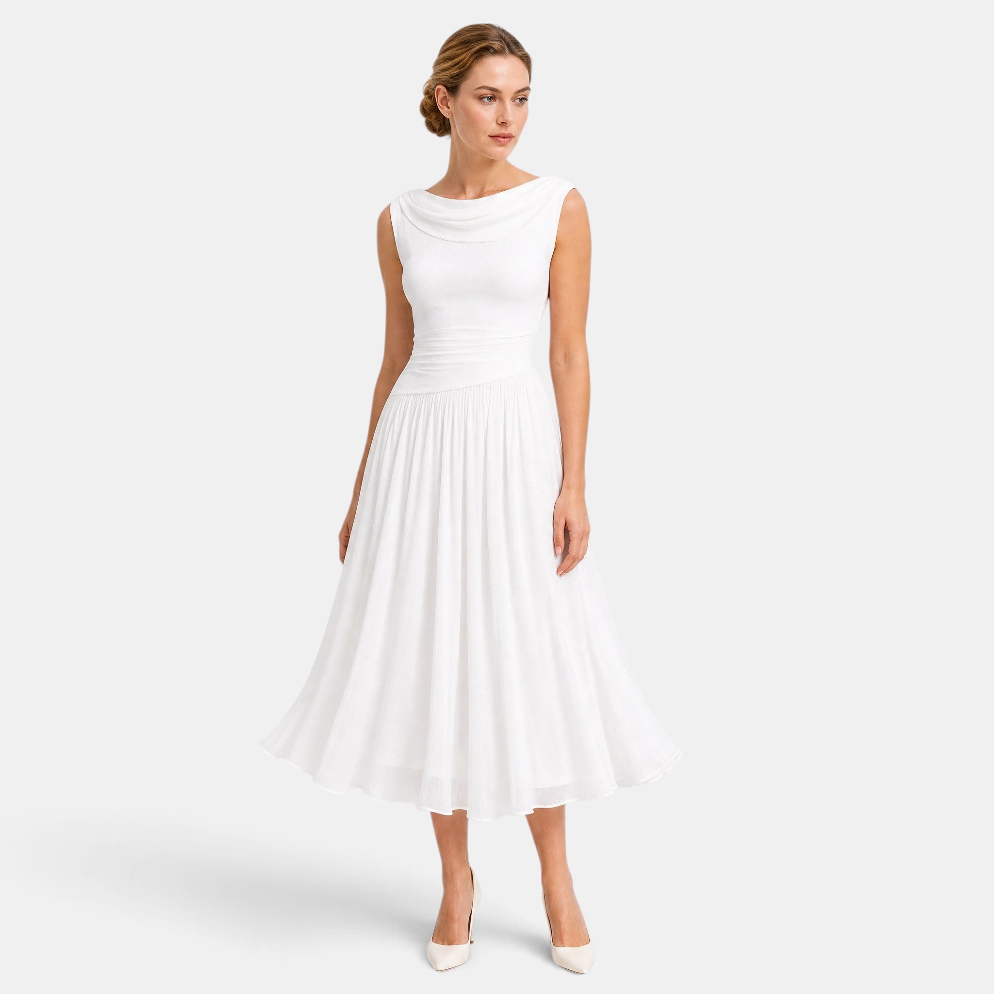 Women's Pleated Midi Dress with Draped Neckline and Sleeveless Design
