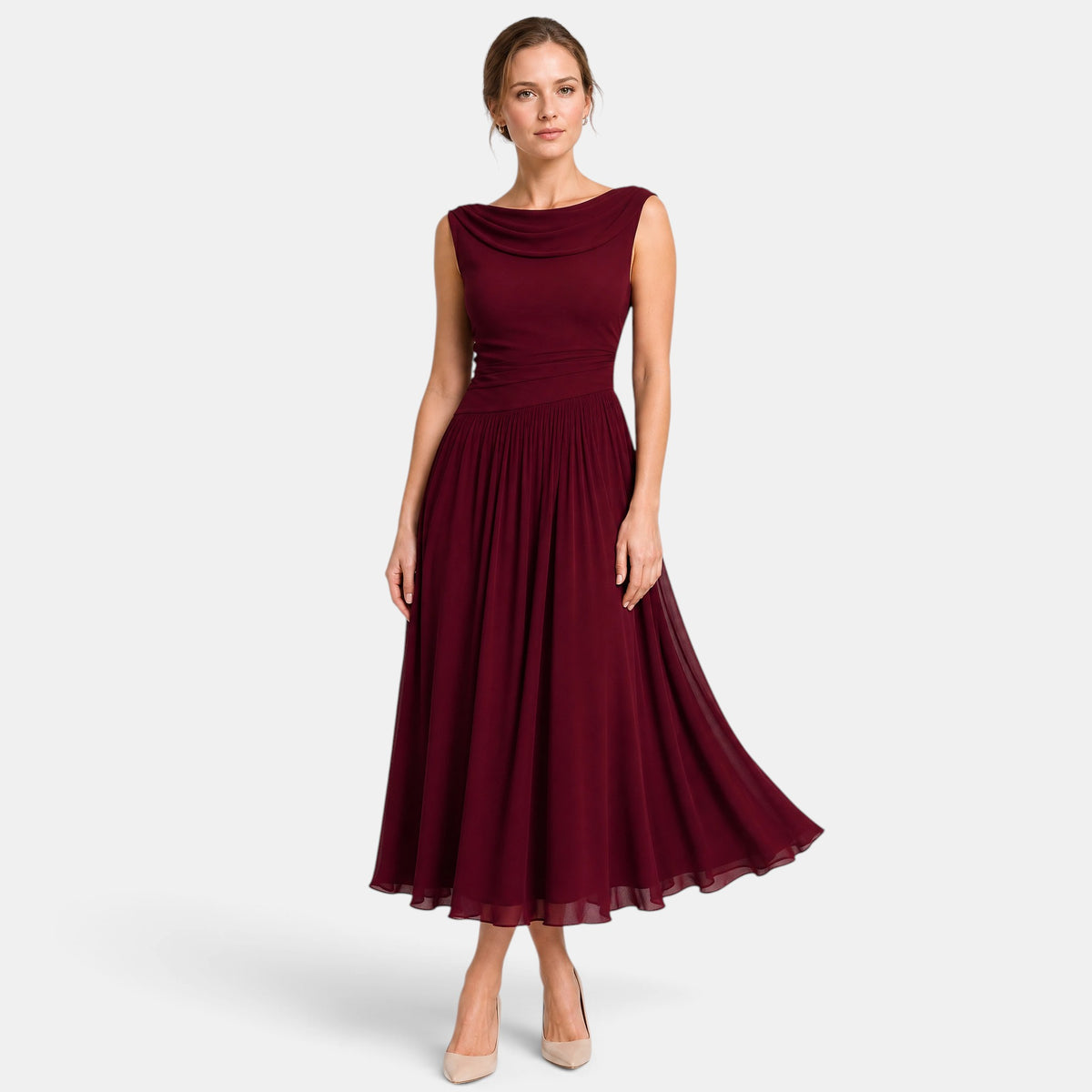 Women's Pleated Midi Dress with Draped Neckline and Sleeveless Design