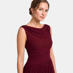 Women's Pleated Midi Dress with Draped Neckline and Sleeveless Design
