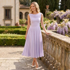 Women's Pleated Midi Dress with Draped Neckline and Sleeveless Design