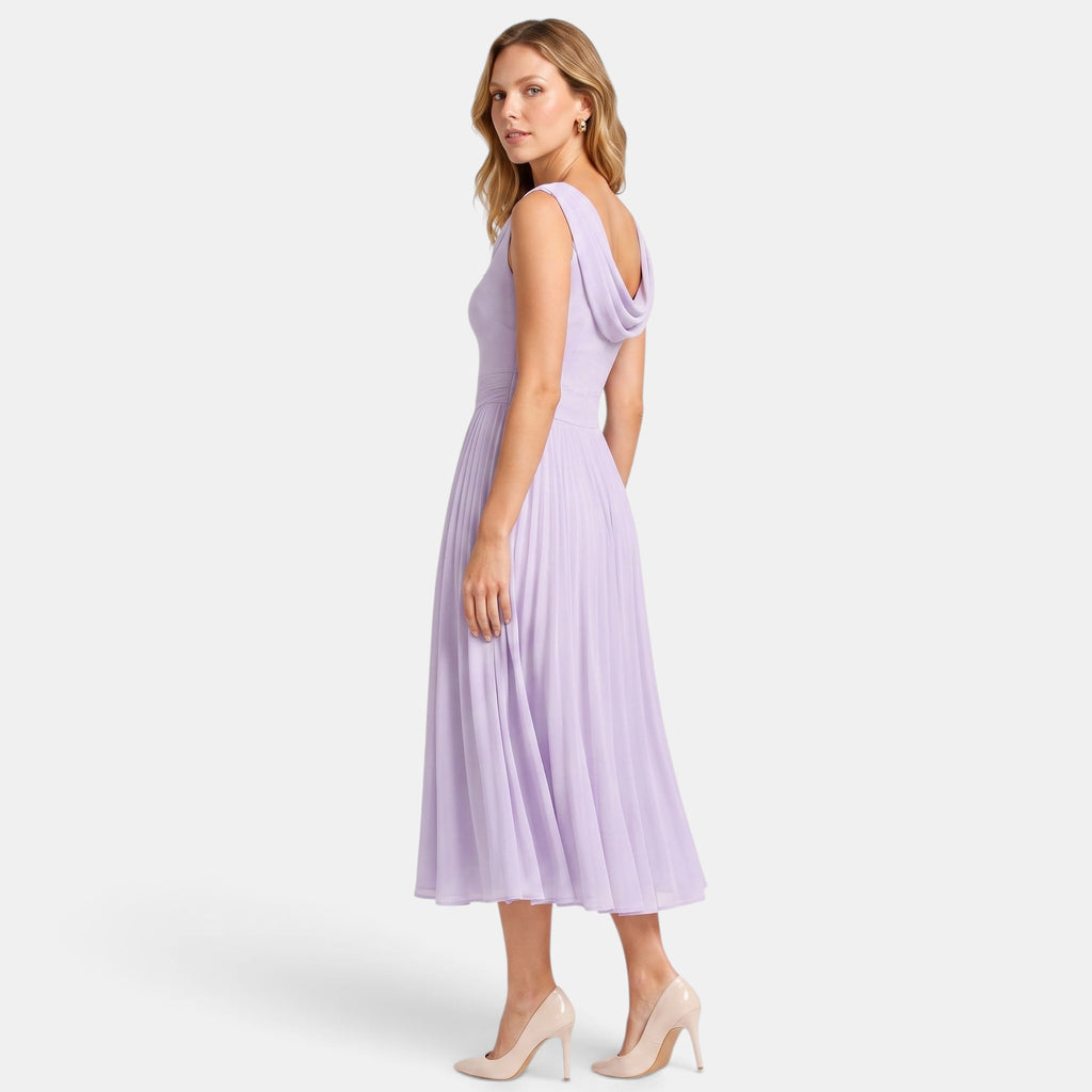 Women's Pleated Midi Dress with Draped Neckline and Sleeveless Design
