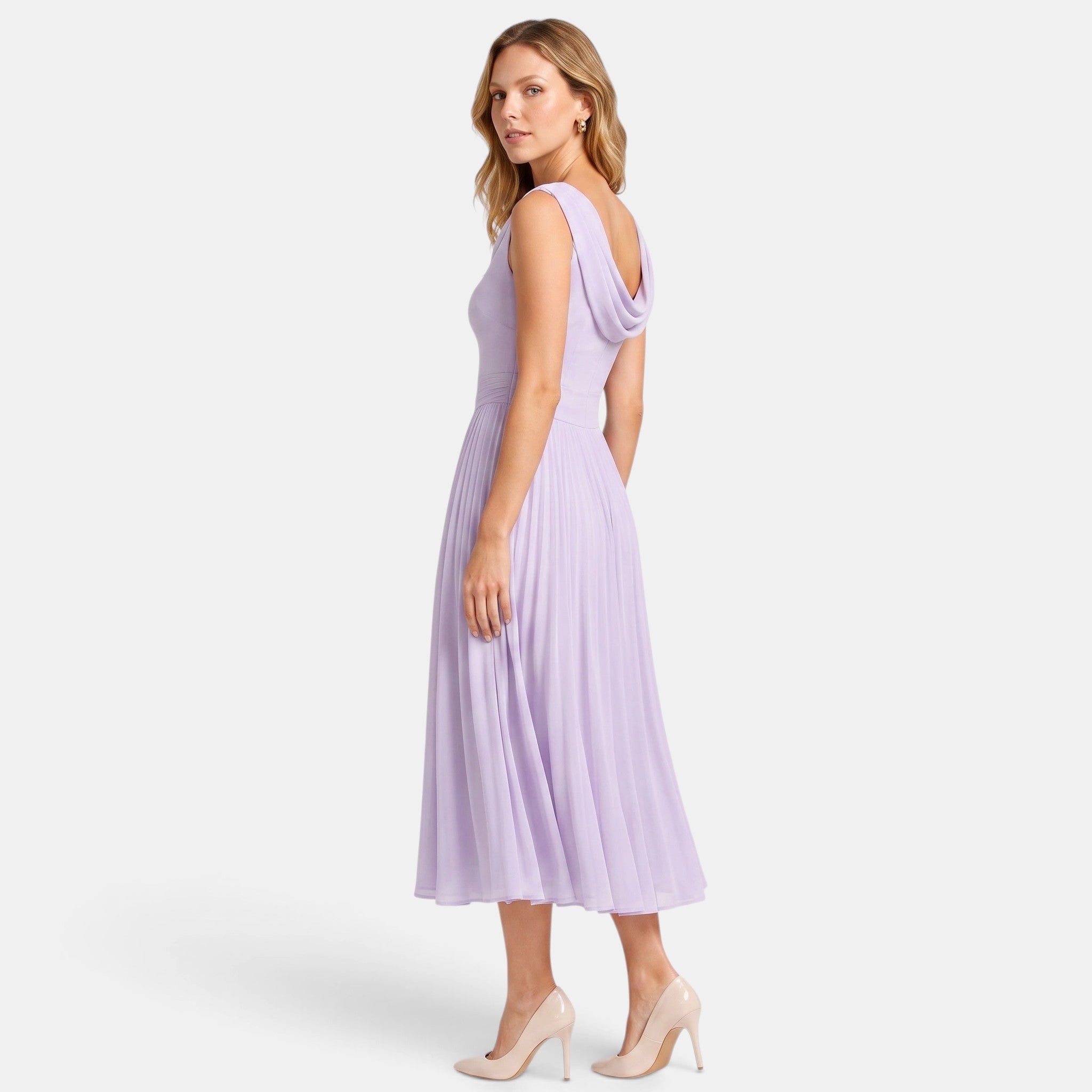 Women's Pleated Midi Dress with Draped Neckline and Sleeveless Design