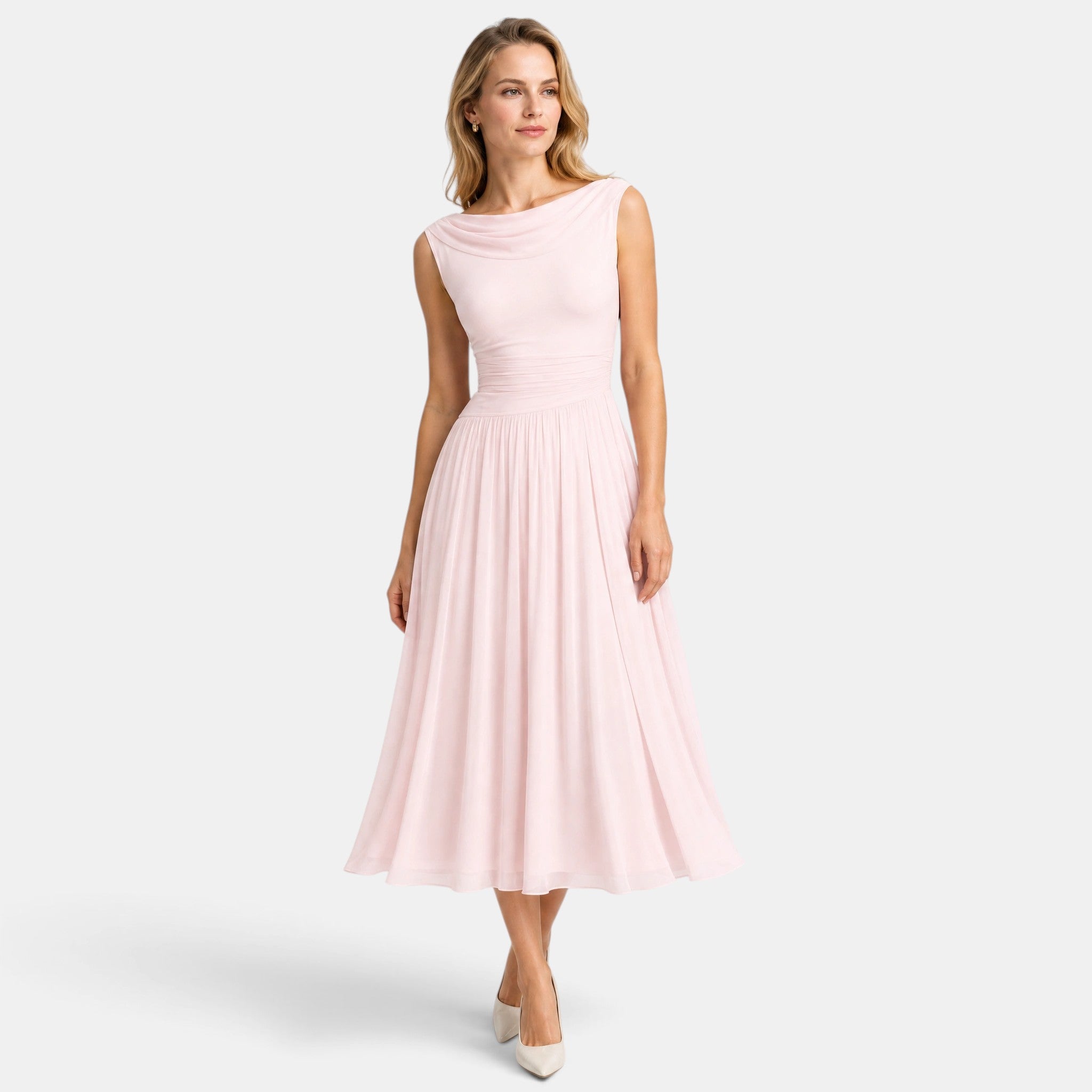 Women's Pleated Midi Dress with Draped Neckline and Sleeveless Design