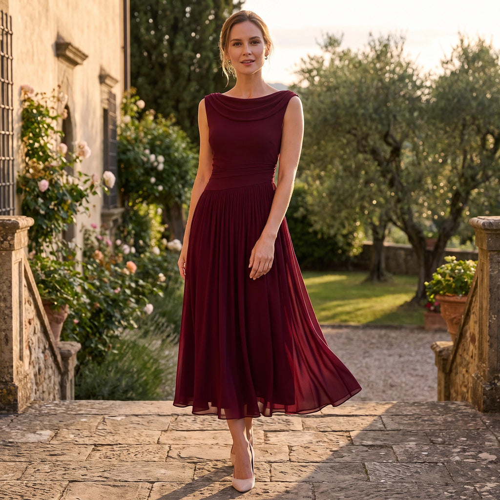 Women's Pleated Midi Dress with Draped Neckline and Sleeveless Design
