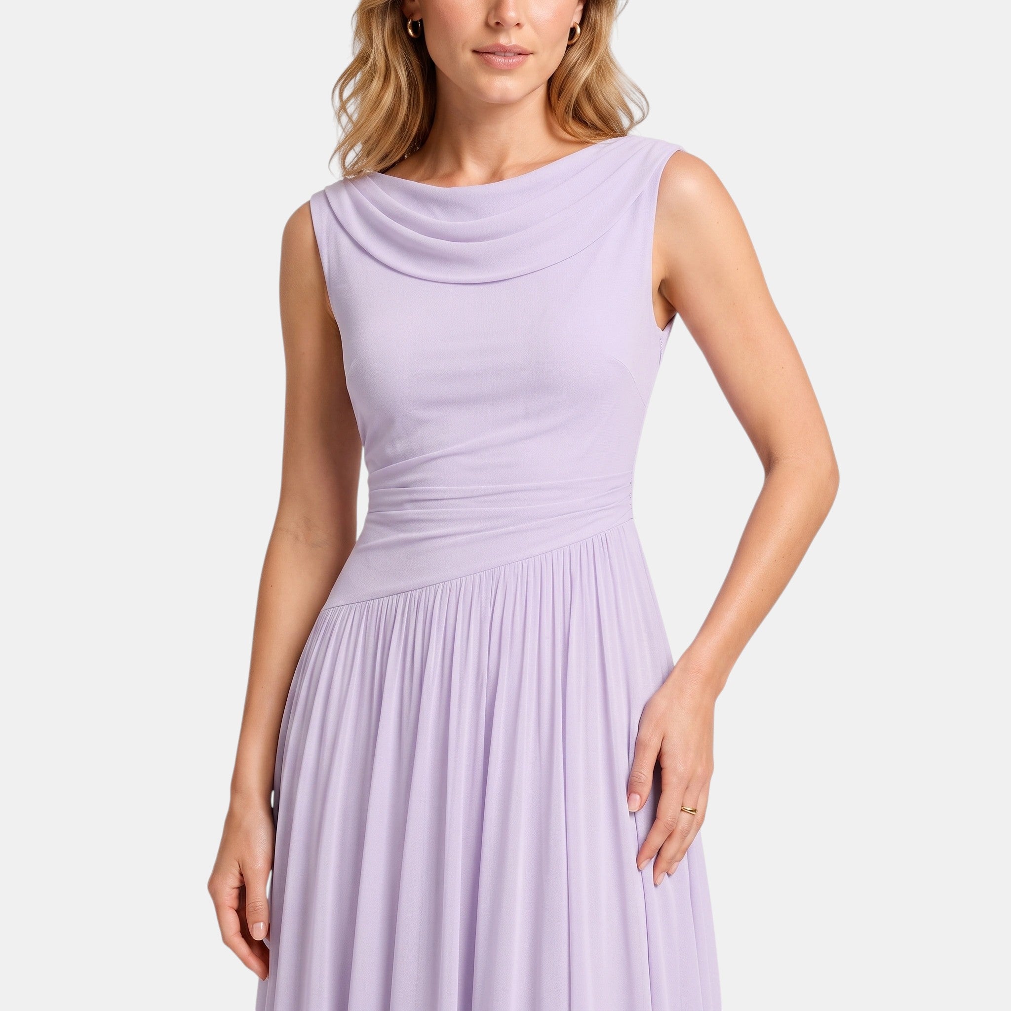 Women's Pleated Midi Dress with Draped Neckline and Sleeveless Design