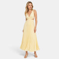 Women's Pleated Midi Dress with V Neck and Sleeveless Design