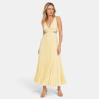 Women's Pleated Midi Dress with V Neck and Sleeveless Design