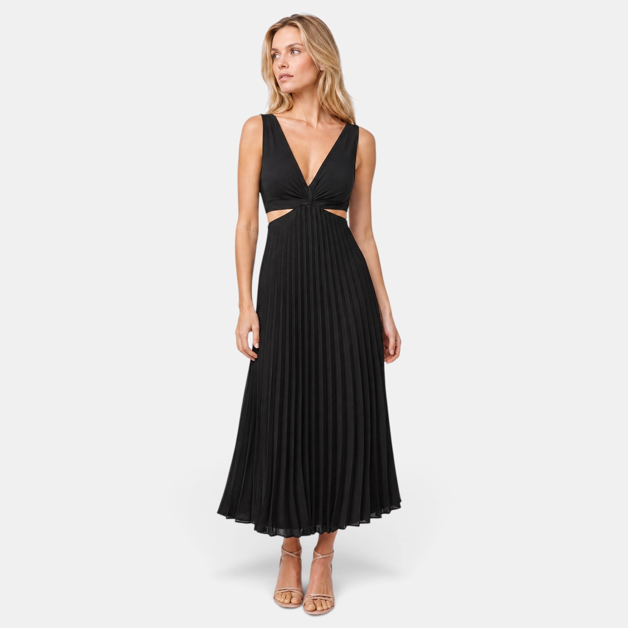 Women's Pleated Midi Dress with V Neck and Sleeveless Design