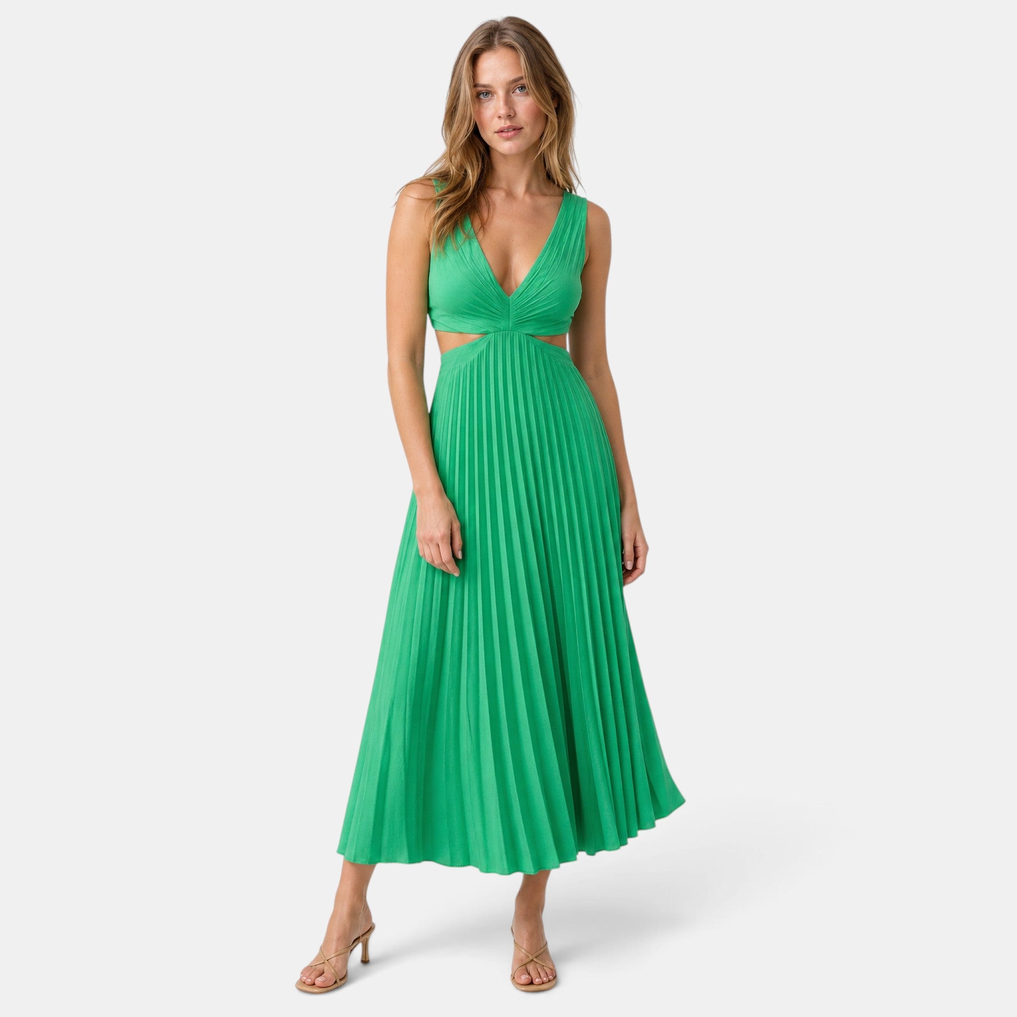 Women's Pleated Midi Dress with V Neck and Sleeveless Design