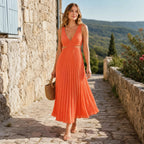 Women's Pleated Midi Dress with V Neck and Sleeveless Design